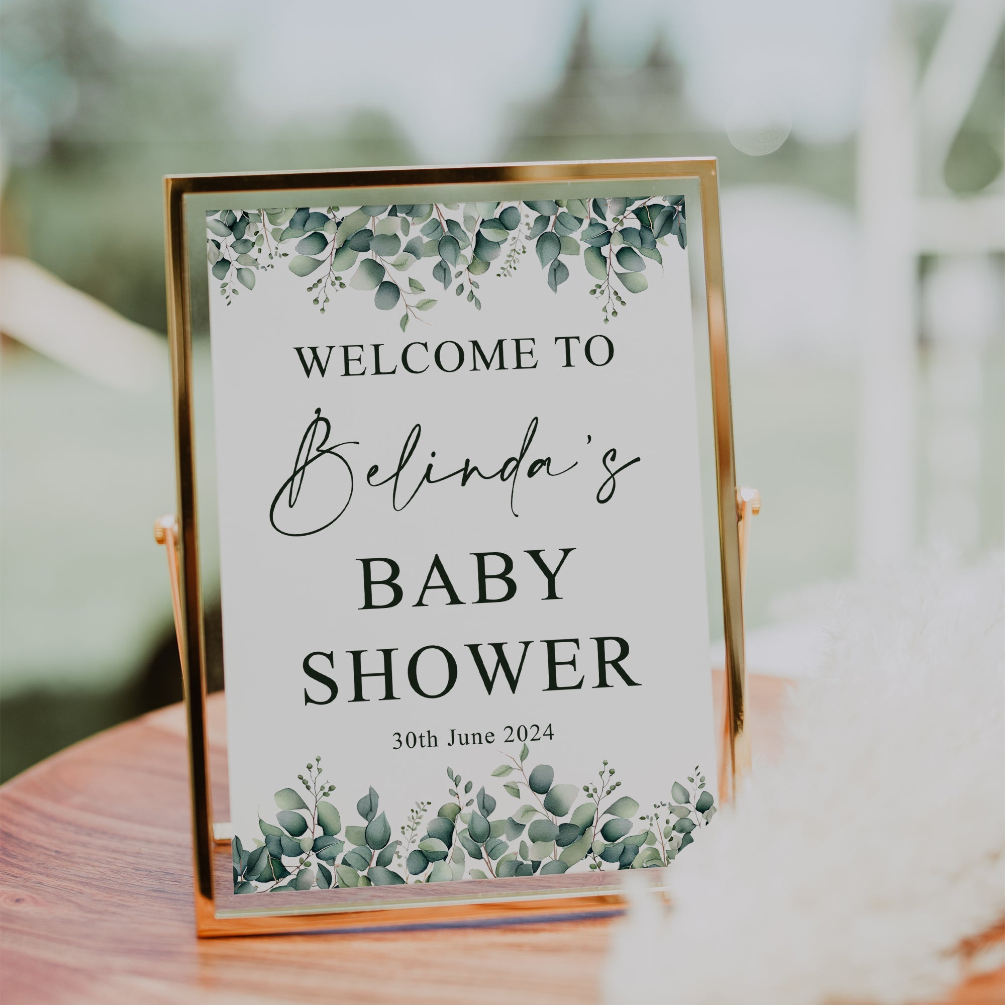 Personalised Baby Shower Celebration Table Sign Eucalyptus Leaves Scrapbook ukgiftstoreonline