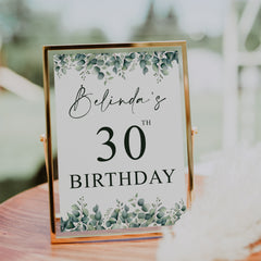 Personalised Any Age Birthday Celebration Eucalyptus Table Sign