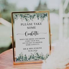 Personalised Wedding Confetti, Eucalyptus Table Sign
