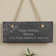 Personalised Hanging Slate Sign Gift Any Text Engraved With Flowers