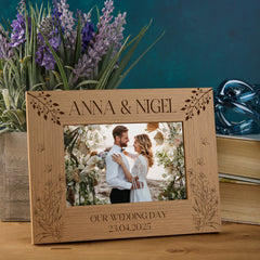Personalised Wooden Engraved Photo Frames Wedding Any Message Multiple Sizes With Wildflowers
