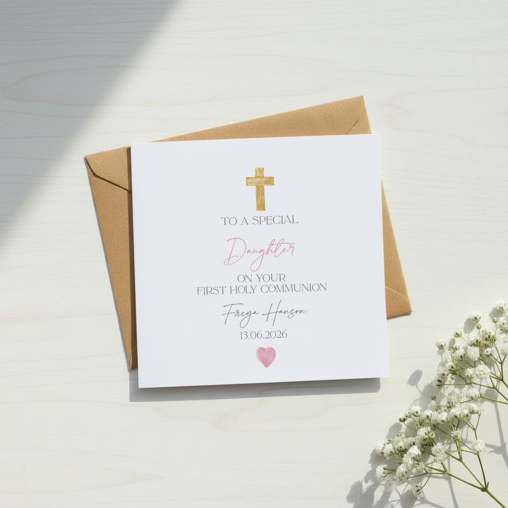 Personalised Daughter First Holy Communion Luxury Linen Card With Cross ukgiftstoreonline