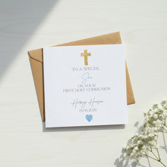 Personalised Son First Holy Communion Luxury Linen Card With Cross ukgiftstoreonline