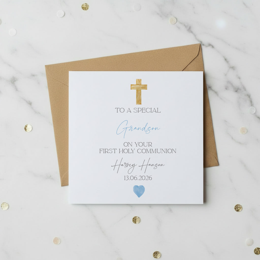 Personalised Grandson First Holy Communion Luxury Linen Card With Cross ukgiftstoreonline