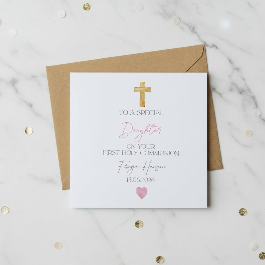 Personalised Daughter First Holy Communion Luxury Linen Card With Cross ukgiftstoreonline