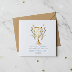 Personalised Grandson First Holy Communion Luxury Linen Card With Host ukgiftstoreonline