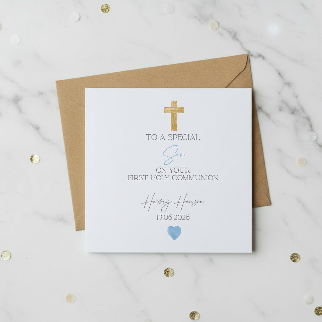 Personalised Son First Holy Communion Luxury Linen Card With Cross ukgiftstoreonline