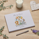 Personalised Luxury Large A4 1st Birthday Linen Cover Guestbook With Safari Animal Theme