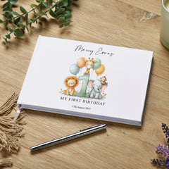 Personalised 1st Birthday Guest Book With Safari Animals Guest Book ukgiftstoreonline Green