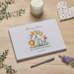 Personalised Luxury Large A4 1st Birthday Linen Cover Guestbook With Safari Animal Theme
