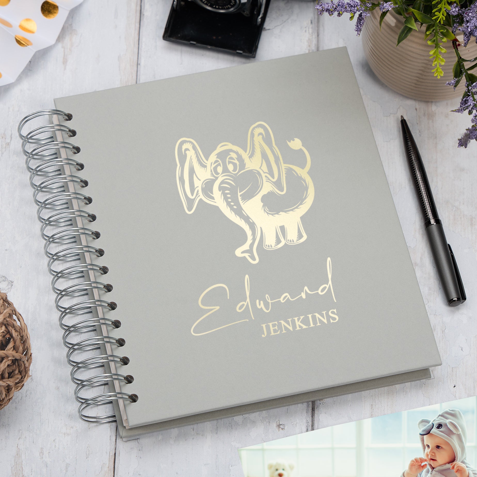 Personalised Large Baby Photo Album Memory Keepsake With Elephant Photo Album ukgiftstoreonline Grey 4x6 Inch Album