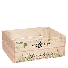 Personalised Green Leaf Wedding Crate, Wooden Crate, Wedding Hamper Decor Mr and Mrs Wedding Gift storage crate ukgiftstoreonline