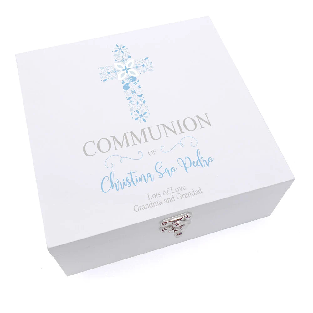 Personalised Communion Blue Ornate Cross Design Keepsake Wooden Box ukgiftstoreonline
