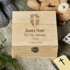 Personalised First Holy Communion Keepsake Memory Box With Floral Cross ukgiftstoreonline