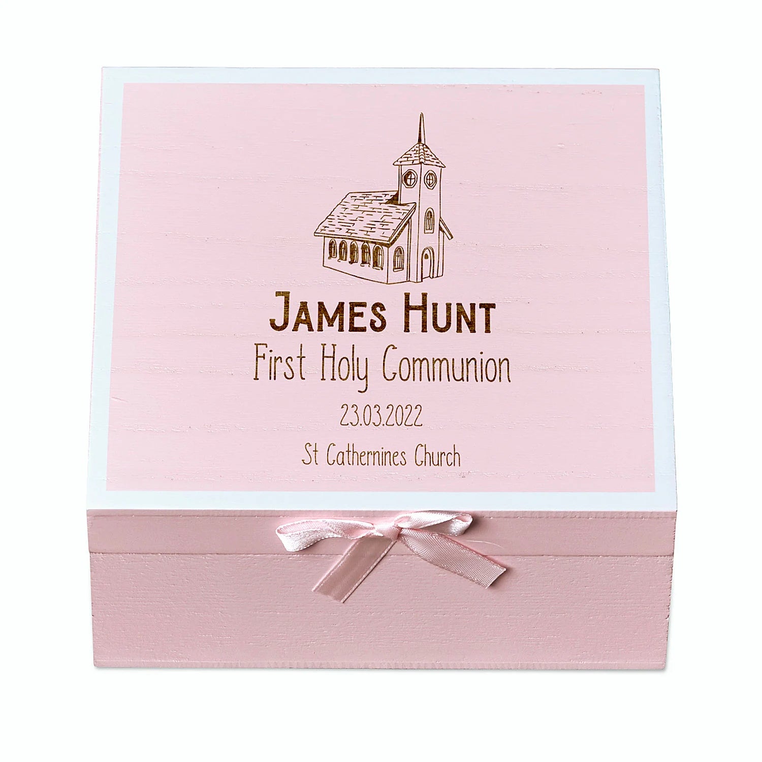 Personalised Holy Communion Pink Keepsake Box With Church Design ukgiftstoreonline