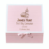 Personalised Holy Communion Pink Keepsake Box With Church Design ukgiftstoreonline