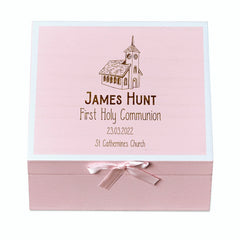 Personalised Holy Communion Pink Keepsake Box With Church Design ukgiftstoreonline