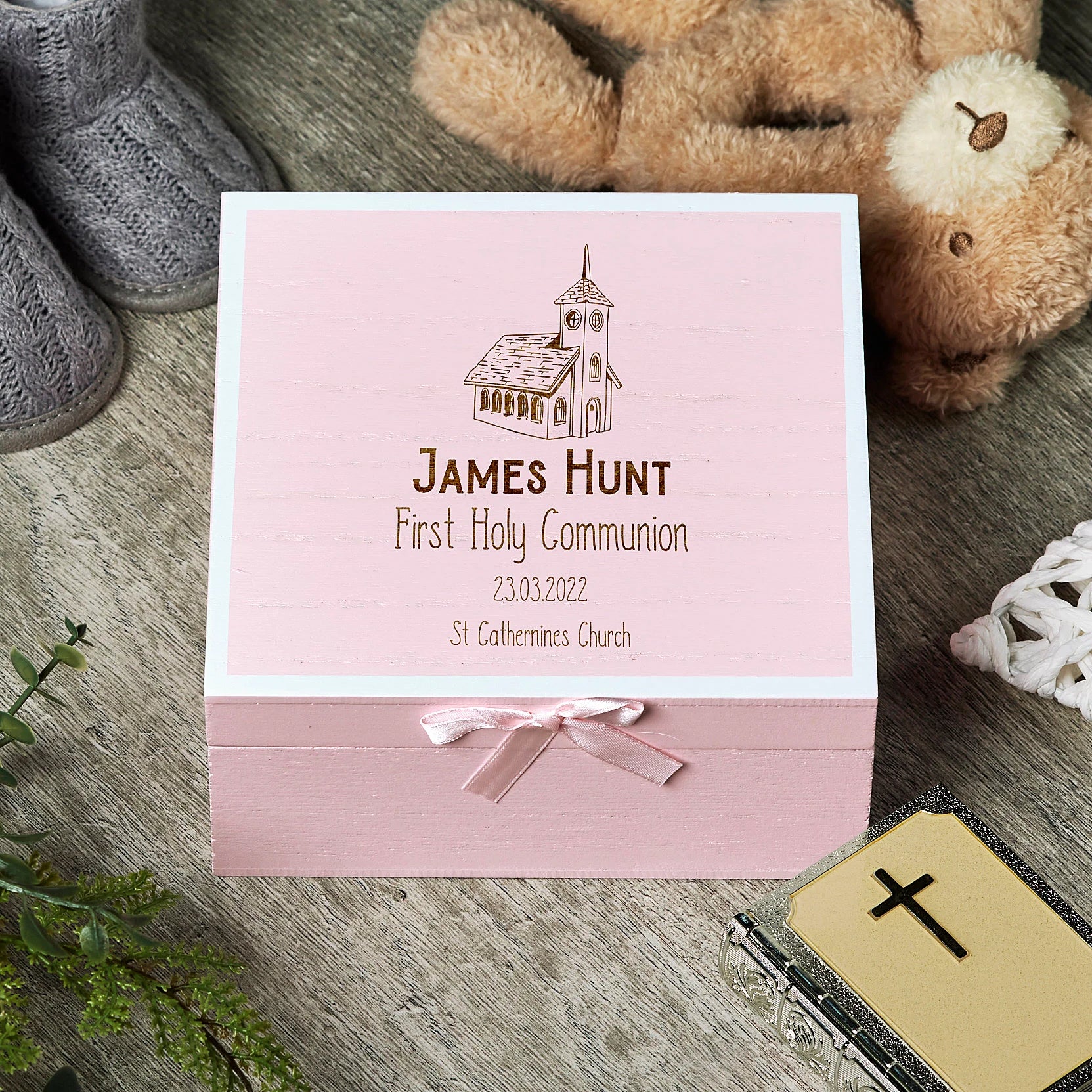 Personalised Holy Communion Pink Keepsake Box With Church Design ukgiftstoreonline