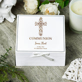Personalised Communion White Keepsake Box With Floral Cross Design ukgiftstoreonline
