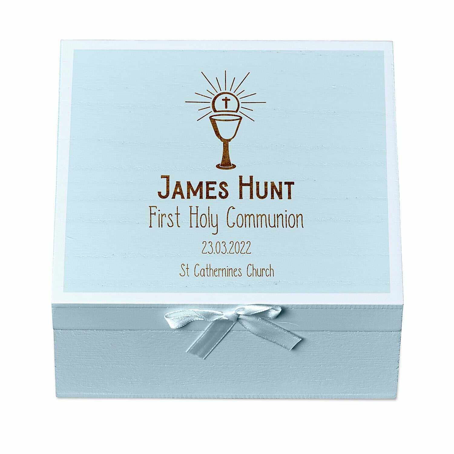 Personalised Holy Communion Blue Keepsake Box With Host Design ukgiftstoreonline