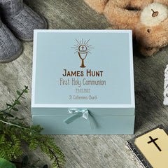 Personalised Holy Communion Blue Keepsake Box With Host Design ukgiftstoreonline