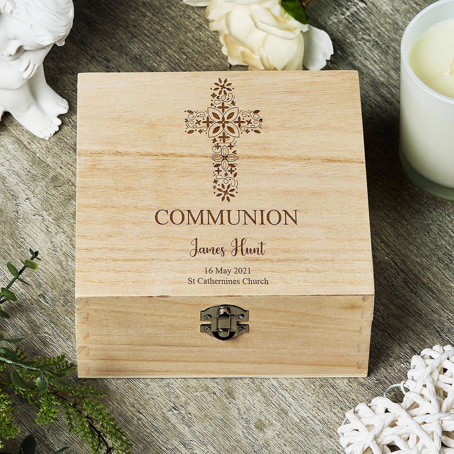 Personalised Communion Wooden Engraved Keepsake Box With Floral Cross Design ukgiftstoreonline