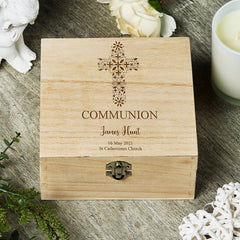 Personalised Communion Wooden Engraved Keepsake Box With Floral Cross Design ukgiftstoreonline