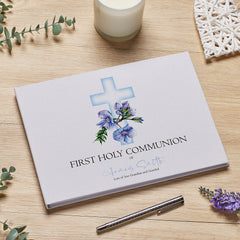 Personalised Large A4 Communion Guest Book Blue Cross Linen Cover ukgiftstoreonline