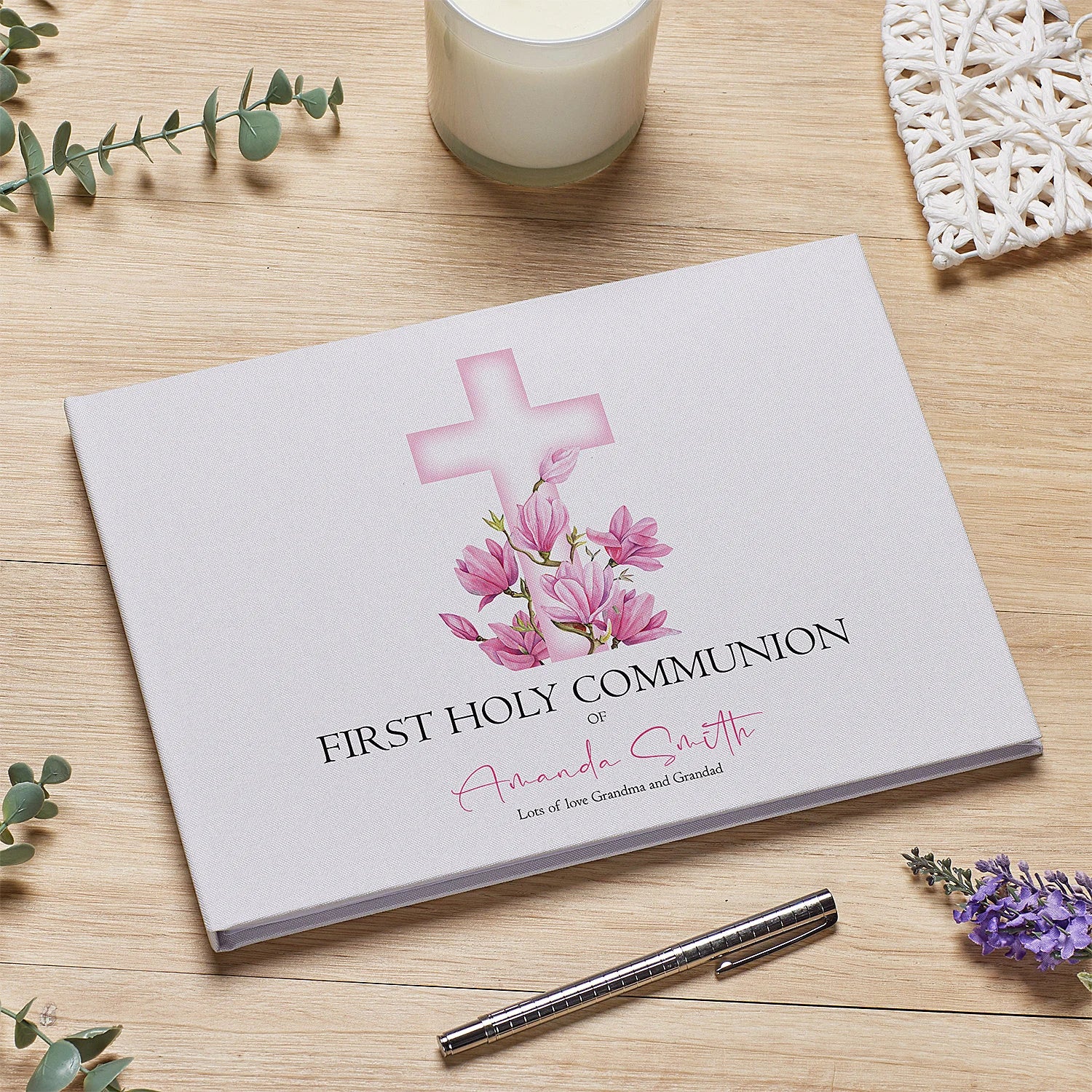 Personalised Large A4 Communion Guest Book Pink Cross Linen Cover ukgiftstoreonline