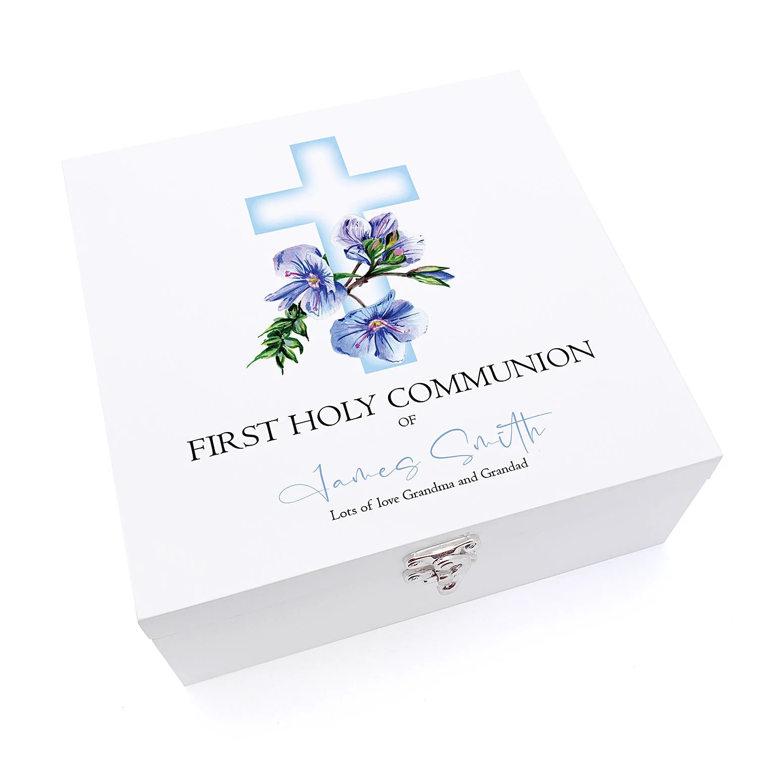 Personalised First Holy Communion Wooden Keepsake Memory Box Blue Cross ukgiftstoreonline