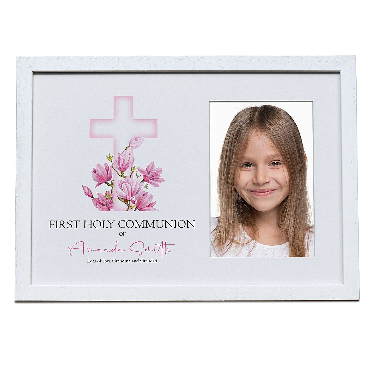 Personalised Holy Communion White Photo Frame With Pink Cross 6"x4" ukgiftstoreonline