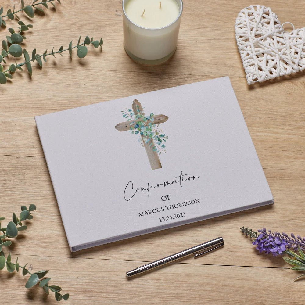 Personalised Large A4 Confirmation Guest Book Wood Cross Linen Cover ukgiftstoreonline