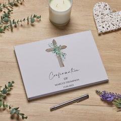 Personalised Large A4 Confirmation Guest Book Wood Cross Linen Cover ukgiftstoreonline