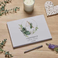 Personalised Large A4 Communion Guest Book Leaf Design Linen Cover ukgiftstoreonline
