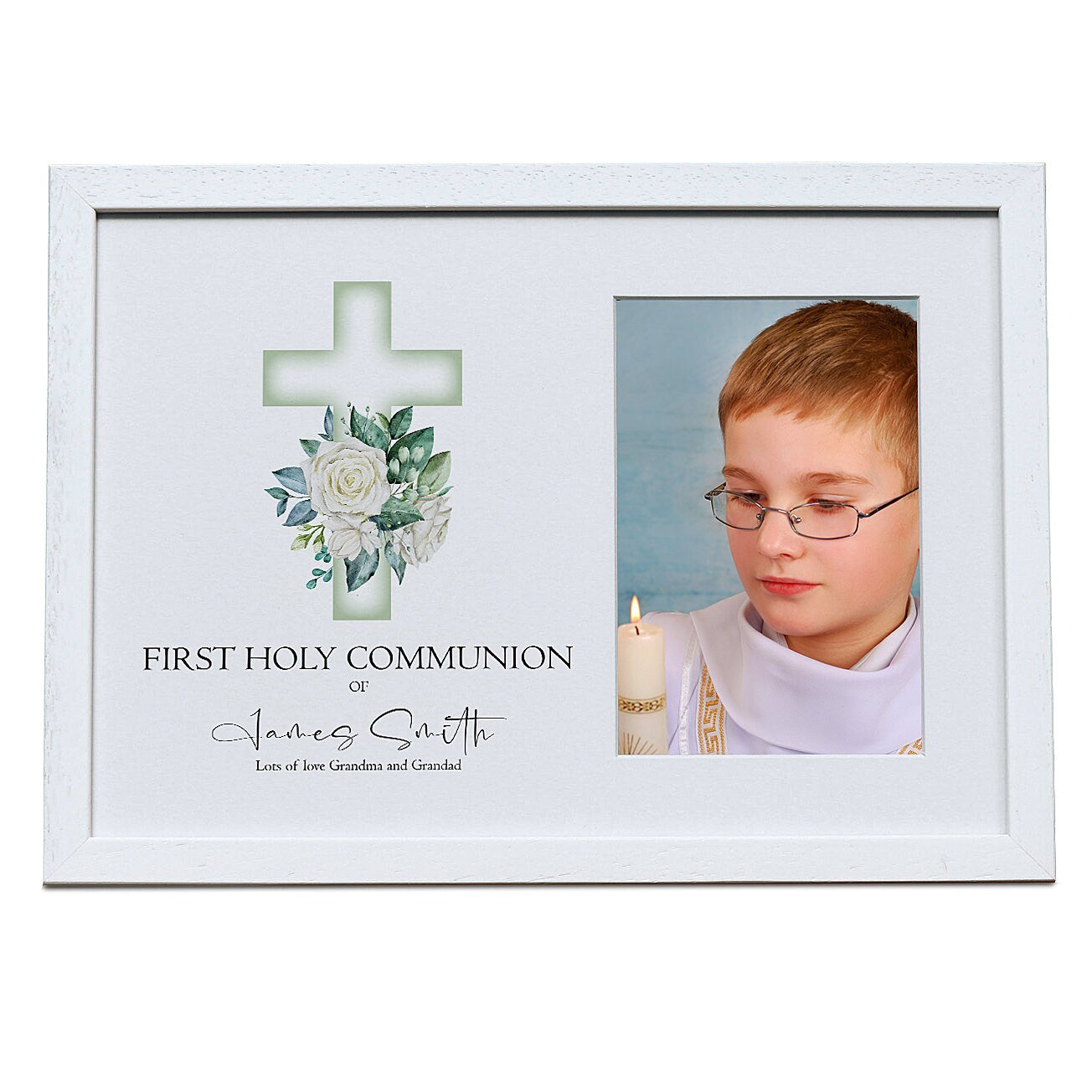 Personalised Holy Communion White Photo Frame With Green Cross 6"x4" ukgiftstoreonline