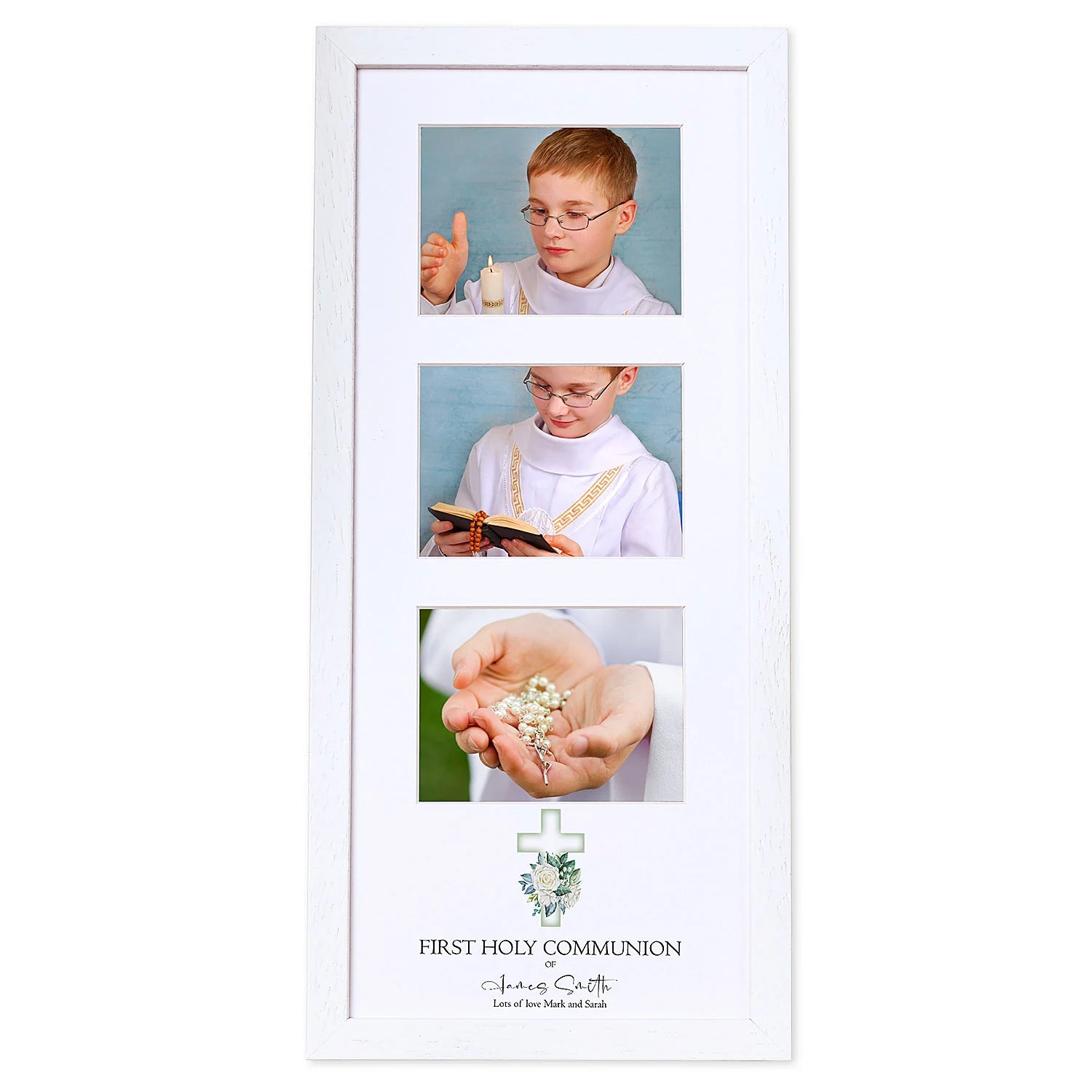 Personalised First Holy Communion Triple Photo Frame With Green Cross ukgiftstoreonline