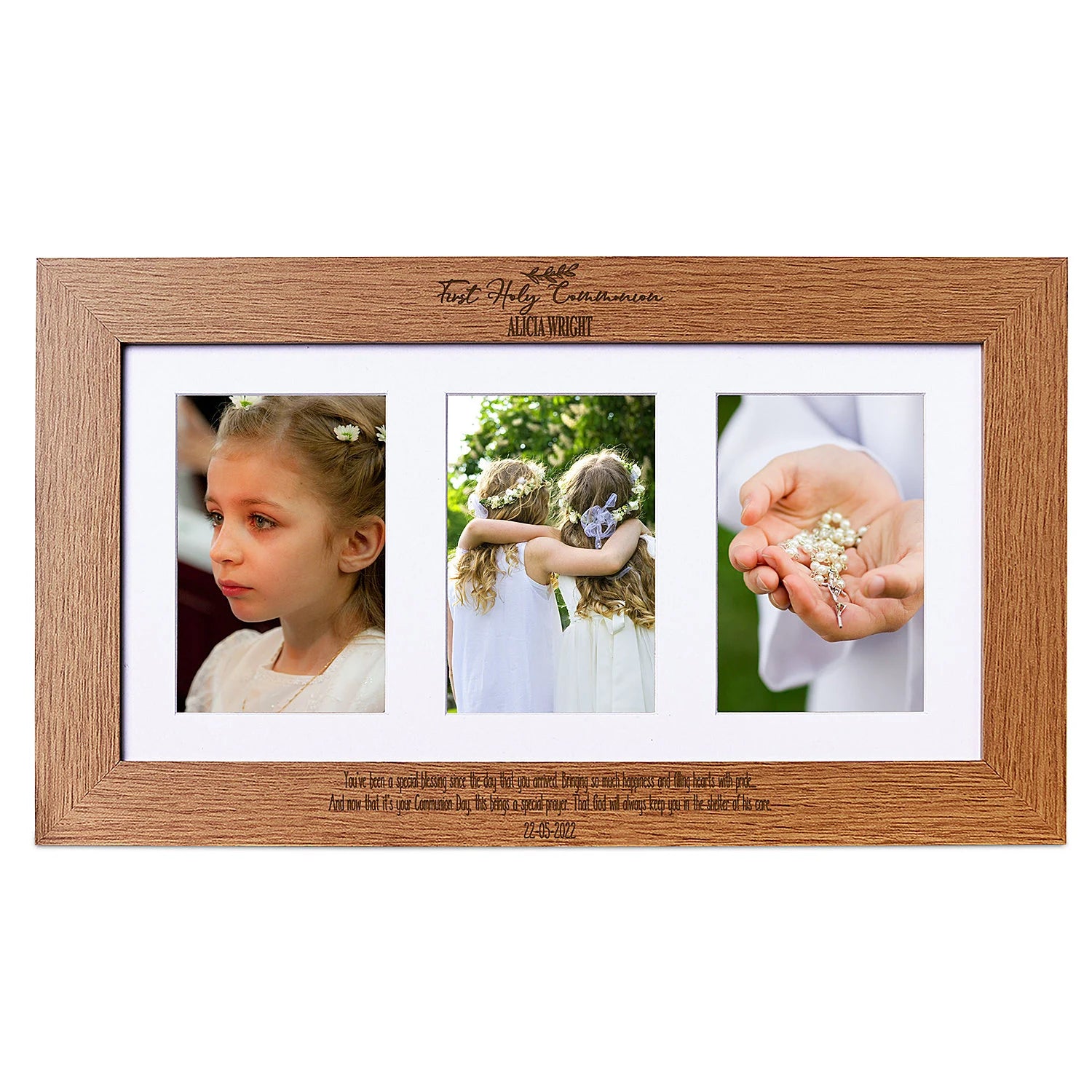 Personalised First Holy Communion Wooden Triple Photo 6 x 4 Frame Engraved Brown Oak Finish ukgiftstoreonline
