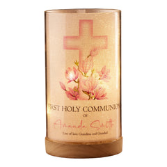 Personalised Holy Communion Lamp Light Up Gift With Floral Pink Cross ukgiftstoreonline