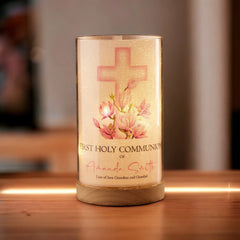 Personalised Holy Communion Lamp Light Up Gift With Floral Pink Cross ukgiftstoreonline