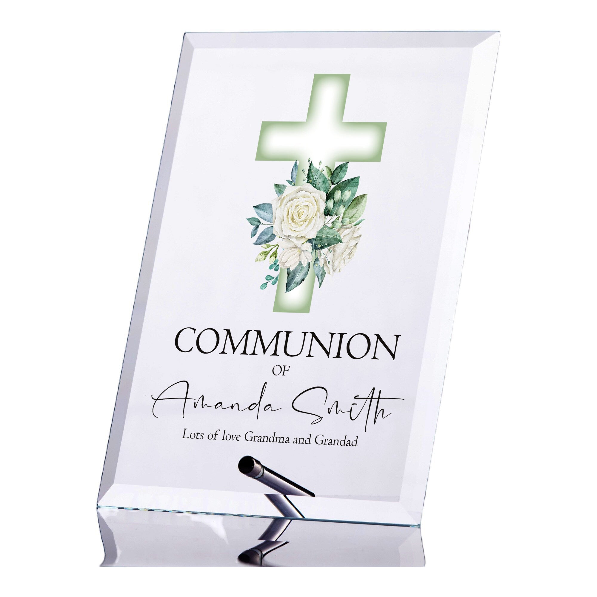 Personalised Communion Keepsake Plaque Gift With Green Floral Cross ukgiftstoreonline