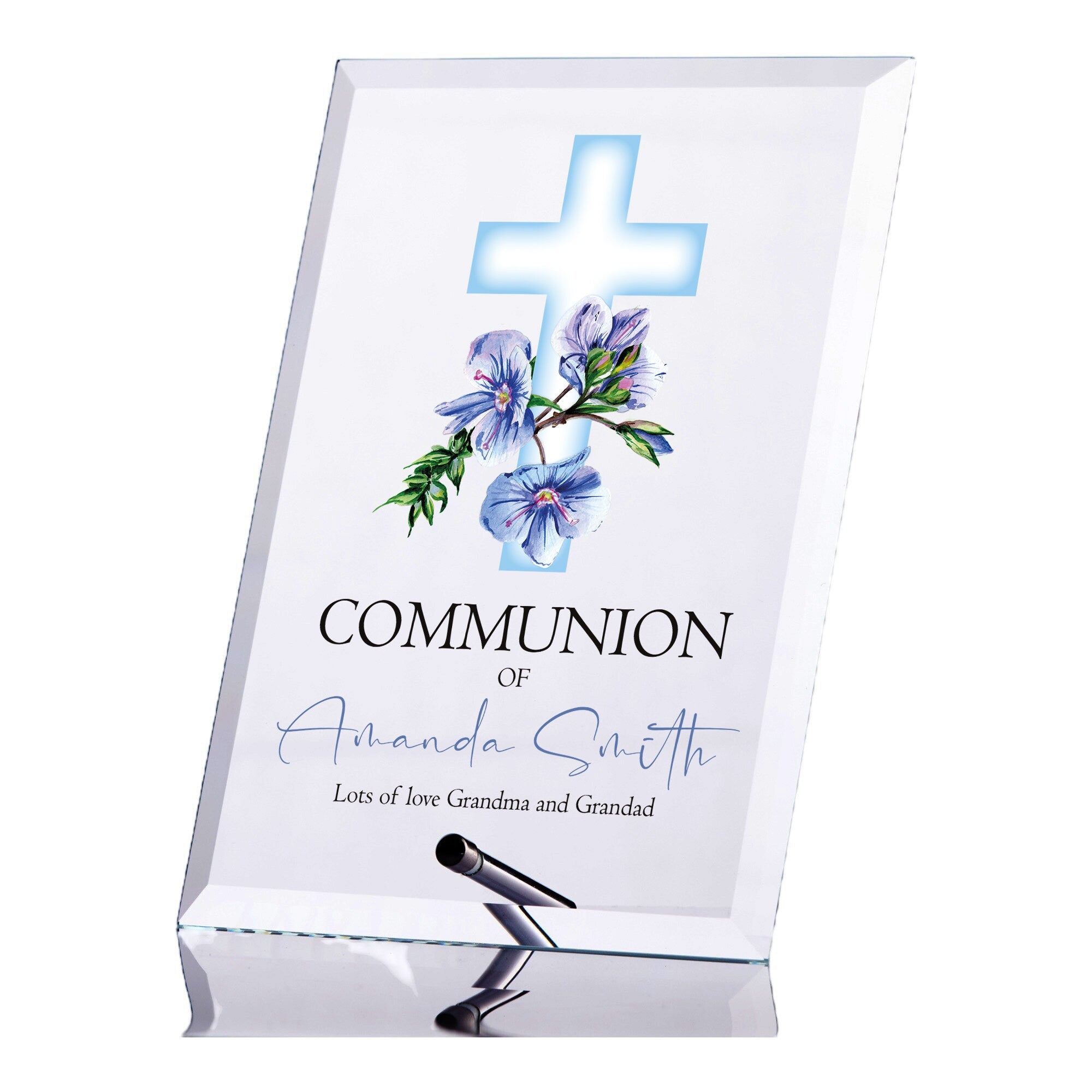 Personalised Communion Keepsake Plaque Gift With Blue Floral Cross ukgiftstoreonline