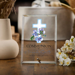 Personalised Communion Keepsake Plaque Gift With Blue Floral Cross ukgiftstoreonline