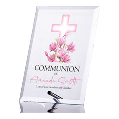 Personalised Communion Keepsake Plaque Gift With Pink Floral Cross ukgiftstoreonline
