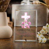 Personalised Communion Keepsake Plaque Gift With Pink Floral Cross ukgiftstoreonline