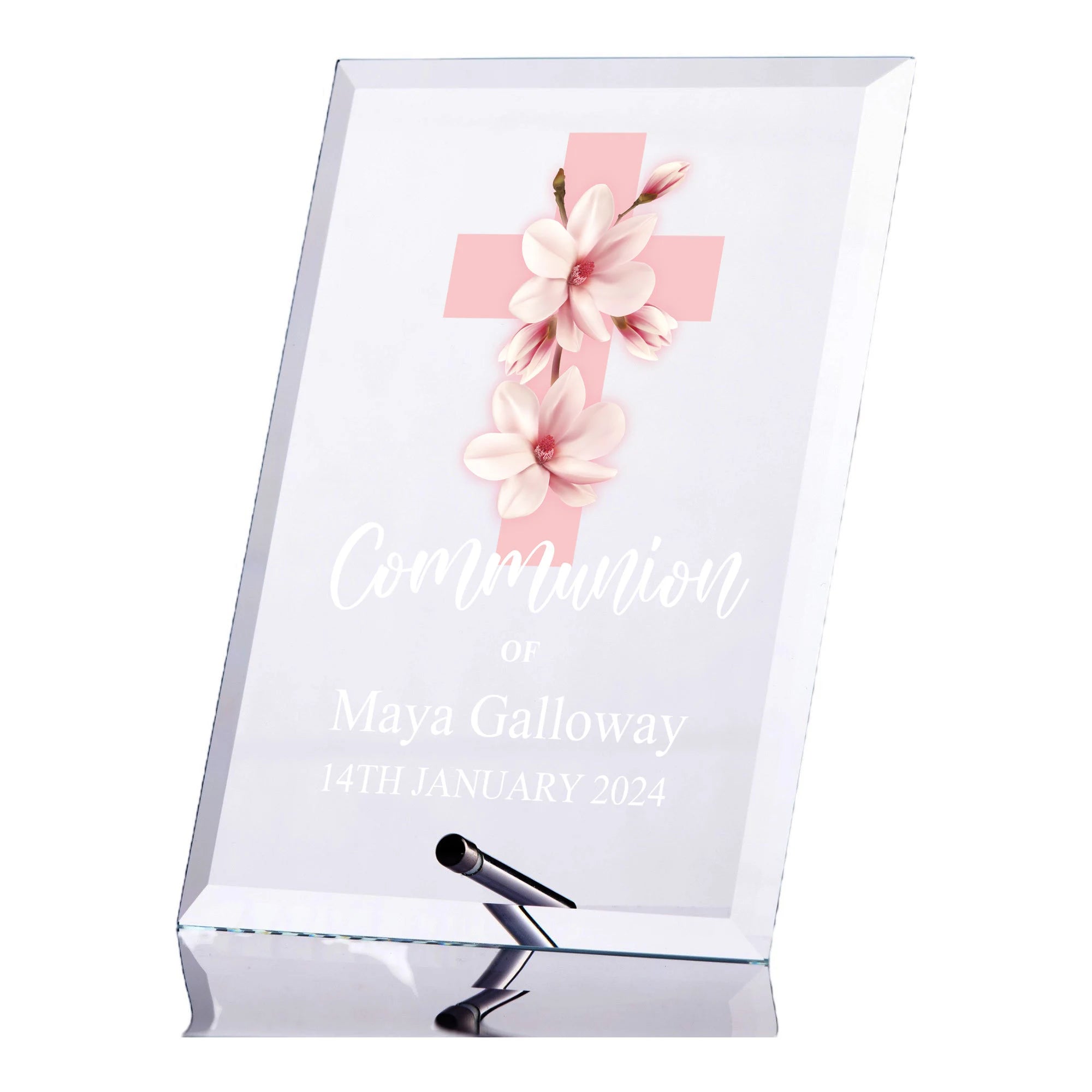 Personalised Communion Keepsake Plaque Gift With Pink Magnolia Cross ukgiftstoreonline