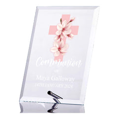 Personalised Communion Keepsake Plaque Gift With Pink Magnolia Cross ukgiftstoreonline