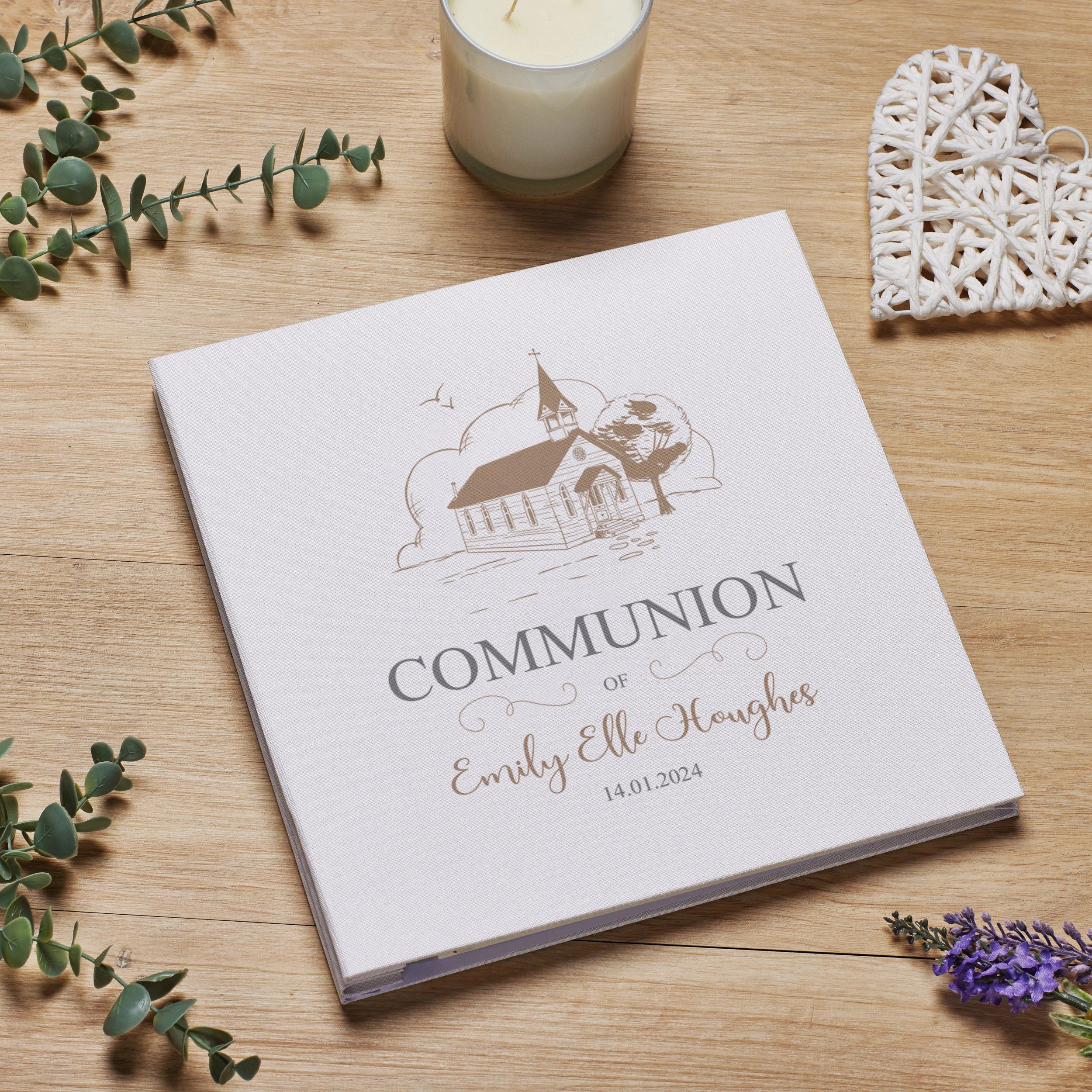 Personalised Large Communion Photo Album Linen Cover With Sketched Church ukgiftstoreonline