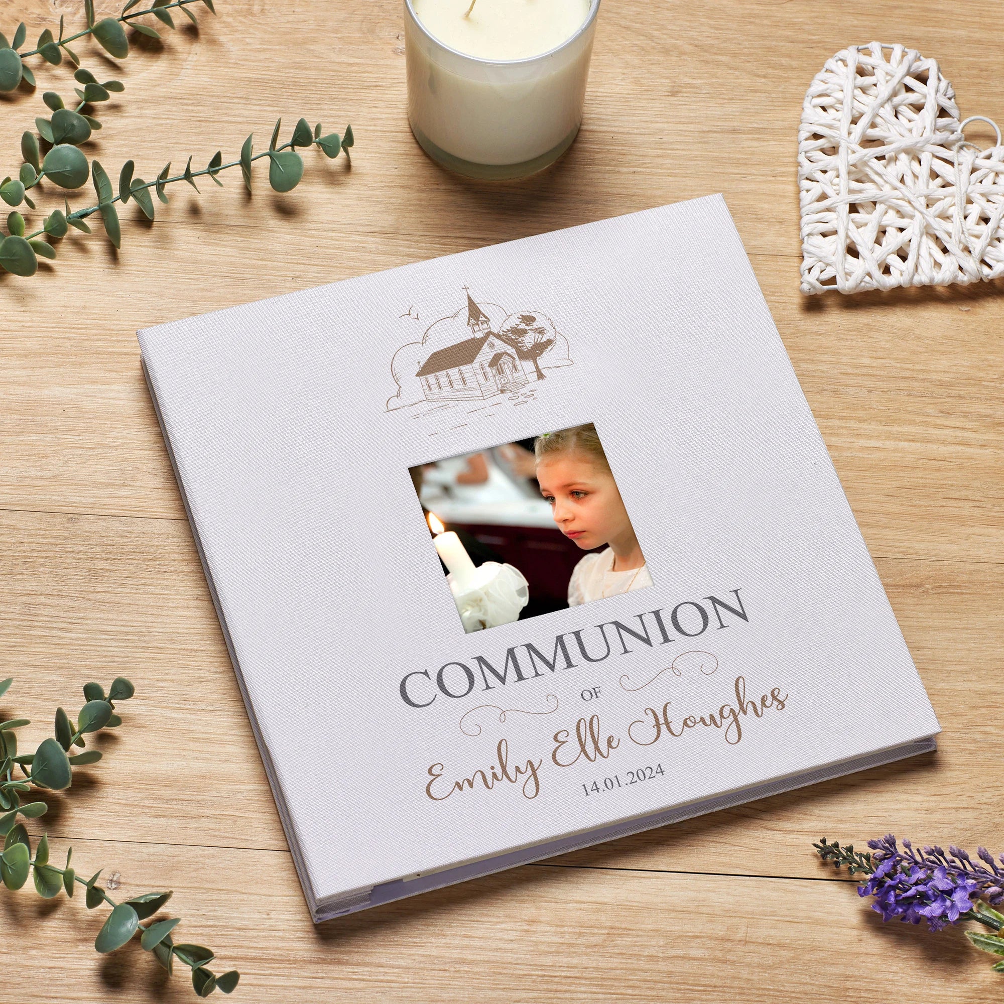 Personalised Communion Photo Album Linen Cover With Sketch Church ukgiftstoreonline