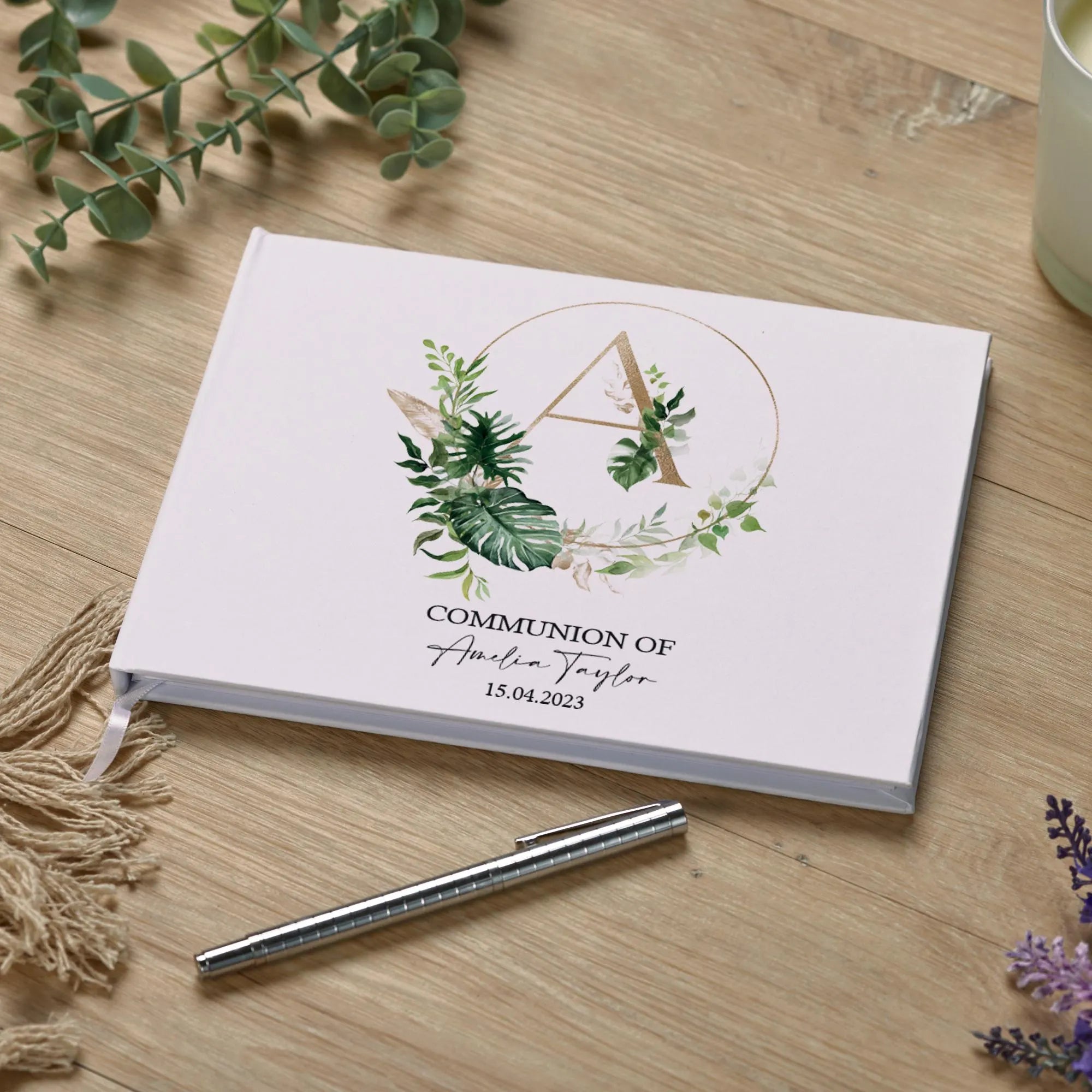 Personalised Communion Guestbook 80 Lined Pages With Leaf Design ukgiftstoreonline