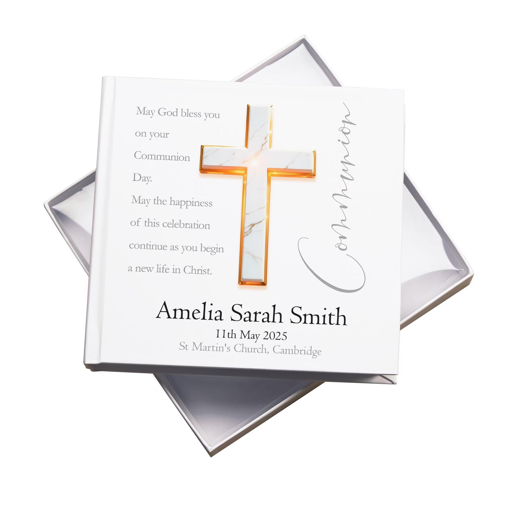 Personalised First Holy Communion Photo Album With Marble Cross ukgiftstoreonline
